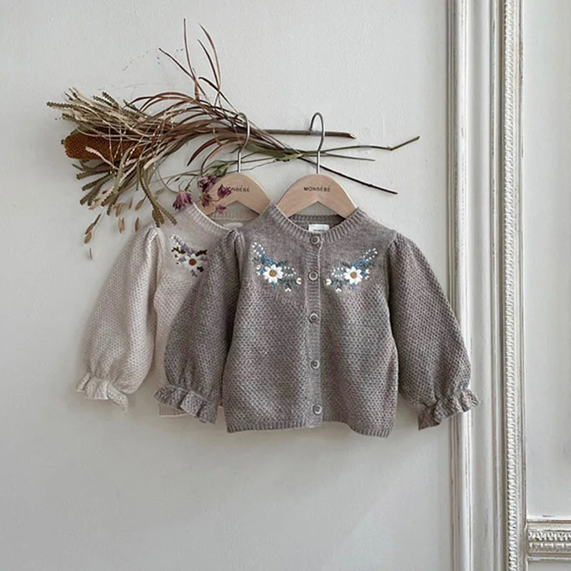 Baby Girls Sweater Autumn Children Long Sleeve Sweater Coat Baby Girls Embroidered Knitted Cardigan Jacket Kids Toddler Single Breasted Clothes