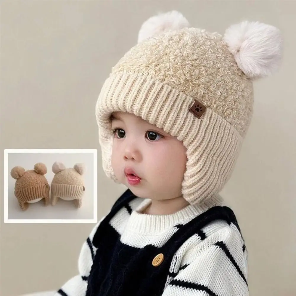 3-24 Months Double Hairball Baby Hat Knitted Wind-proof Pom Hat Solid Color Thicken Knit Cap Autumn