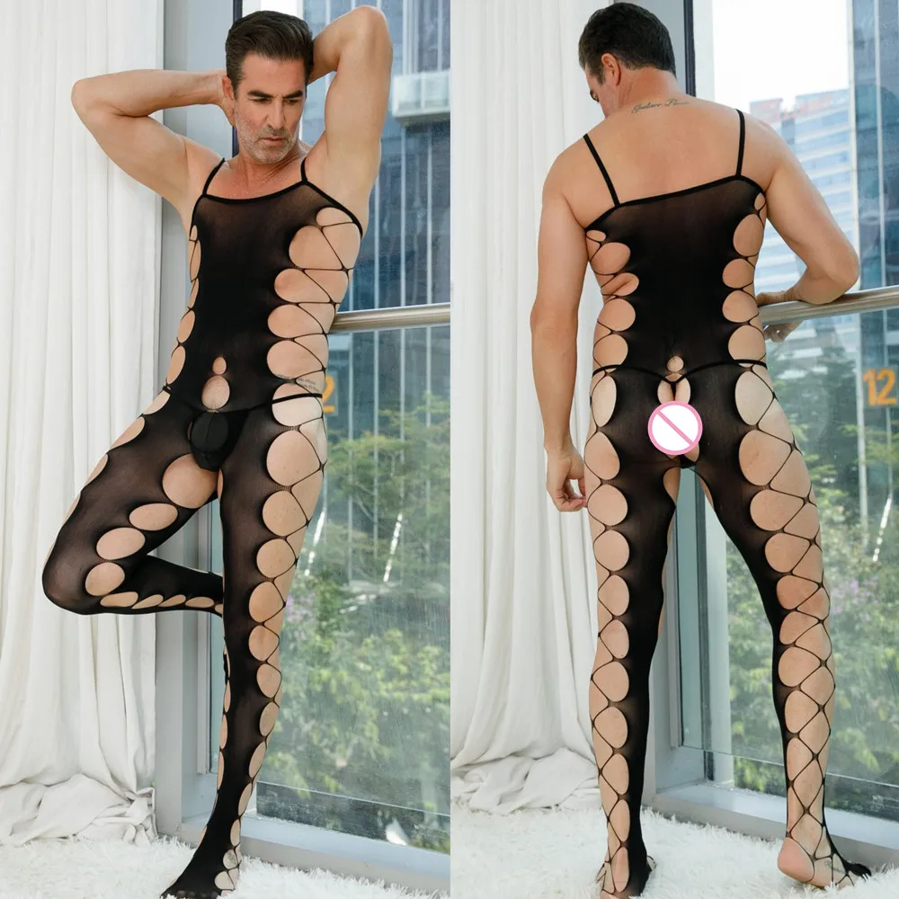 Transparent Temptation One-piece Fishing Net Jumpsuits O Neck Bodysuit Porn Sissy Lingerie Gay Couple Sex Date Clothes