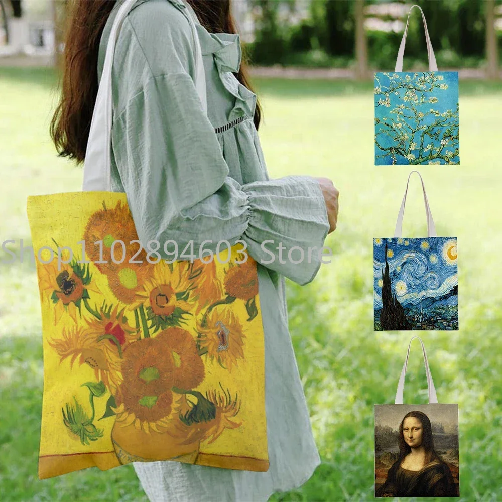 

Сумка-тоут женская холщовая с рисунком Ван Гога, модный саквояж для путешествий в стиле ретро, Экологически чистая Складная Сумочка для отдыха и покупок
