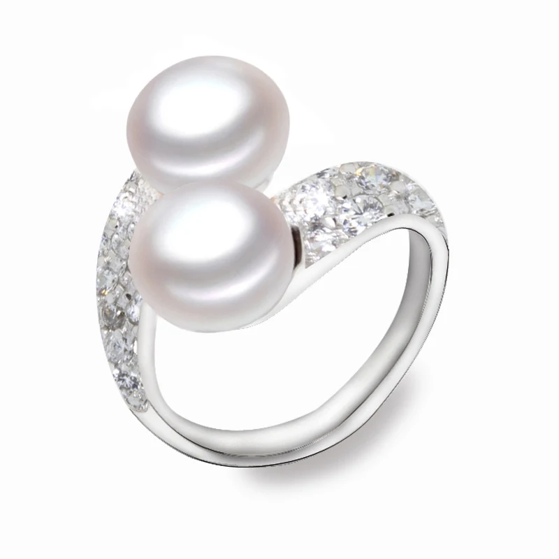 YouNoble natürlicher kultivierter Sterlingsilber-Perlenring für Damen, weißer doppelt verstellbarer Ring mit Perle, Ehefrau, Mutter, Geburtstagsgeschenk