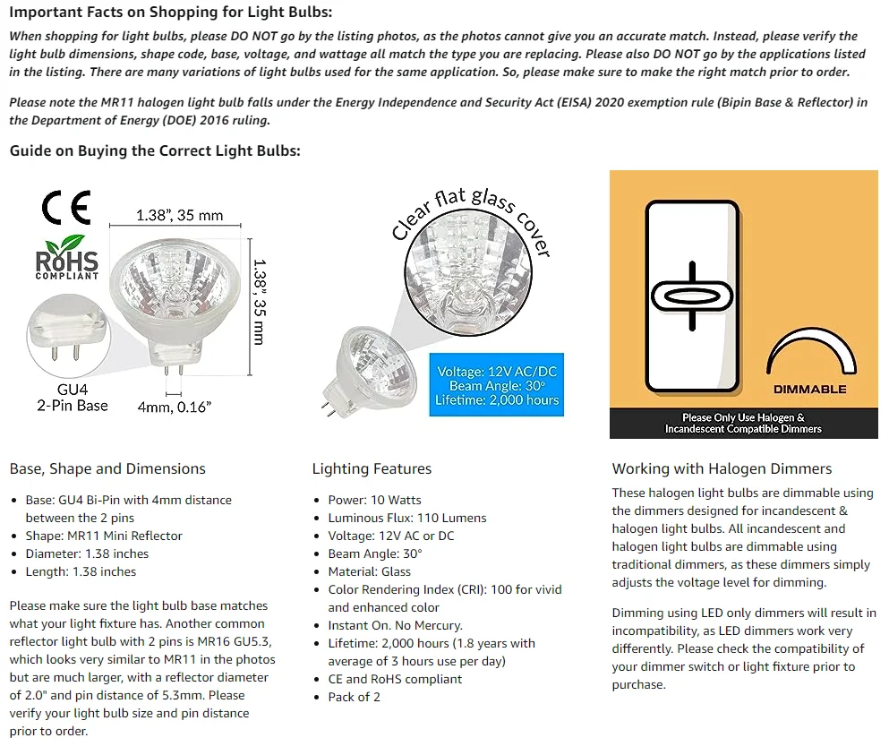 Description Picture 5 of itemMR11 halogen light bulb 50W 12V durable GU5.3 high output halogen light bulb 2-pin GU4 base suitable for landscape lights,