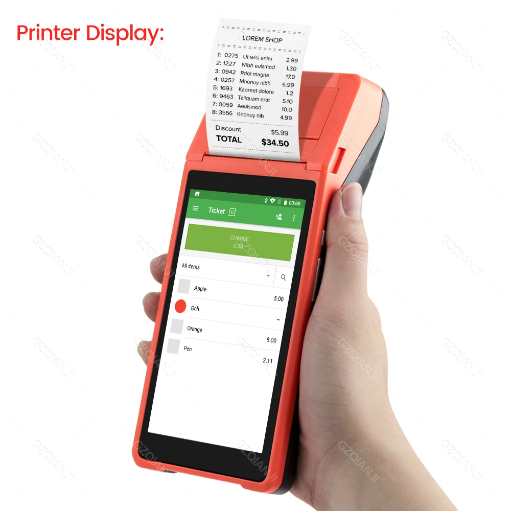 3G/4G Network Handheld POS Terminal Android12/ 8.1 OS Built-in 58mm Bluetooth Printer Wifi GPS Multiple Language Thernal Paper