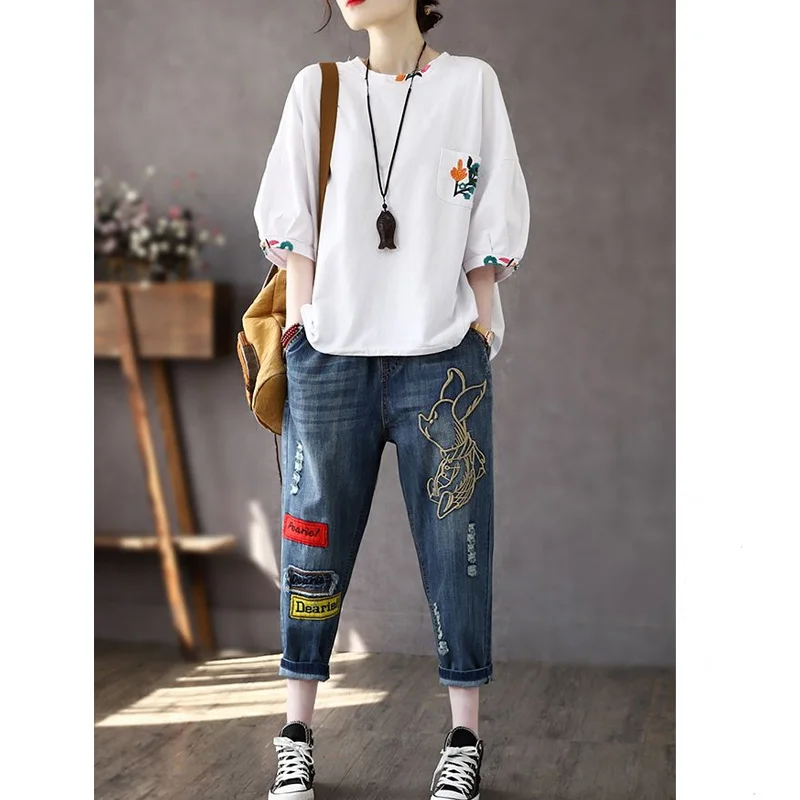 2023 Summer Vintage Embroidered Round Neck Patchwork Pocket Loose Casual Top Embroidered High Waisted Harlan Jeans Two-piece Set