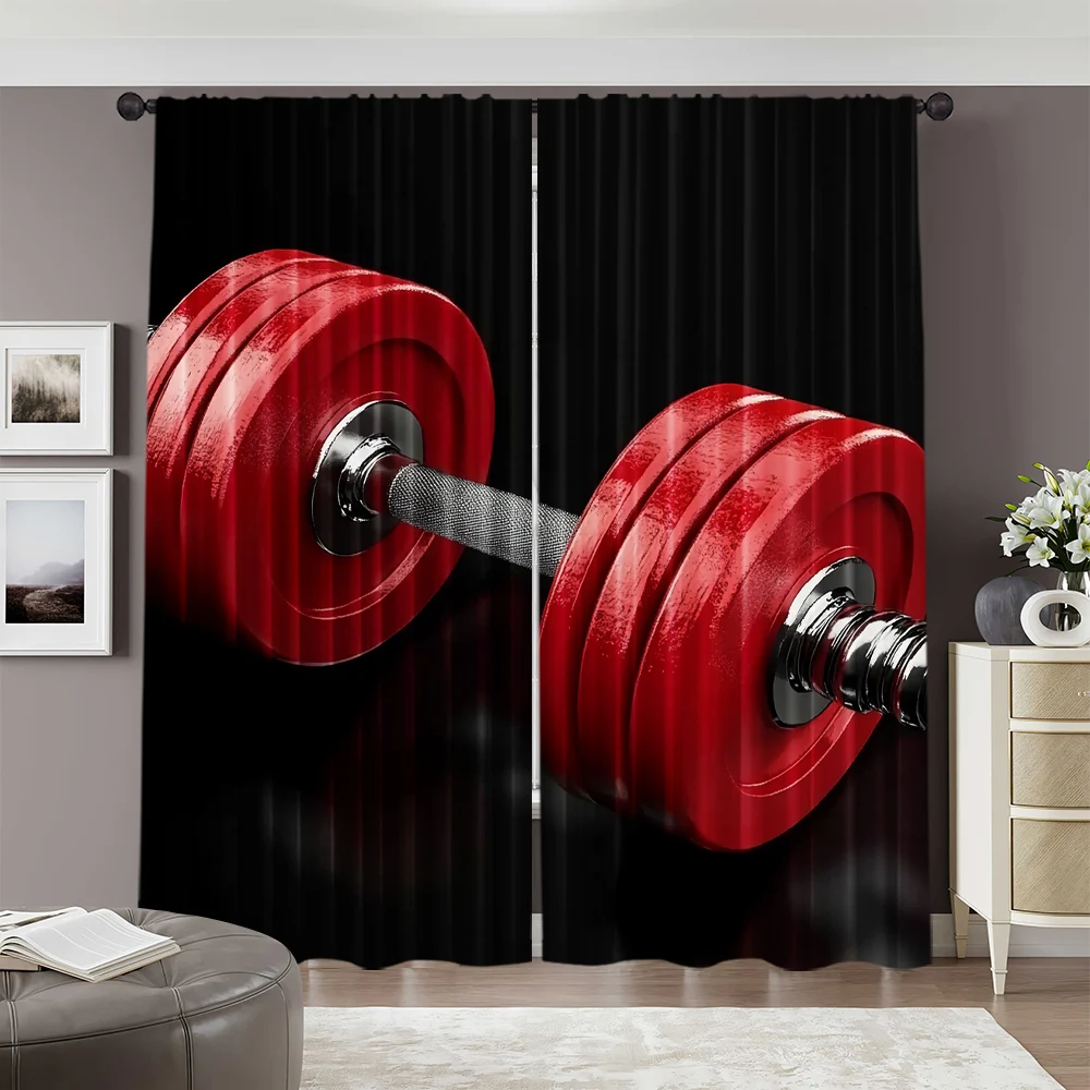 2pcs, spring summer Curtains Red dumbbells fitness equipment sports gym exercise tools barbell sports applicable Yarn Curtains 2