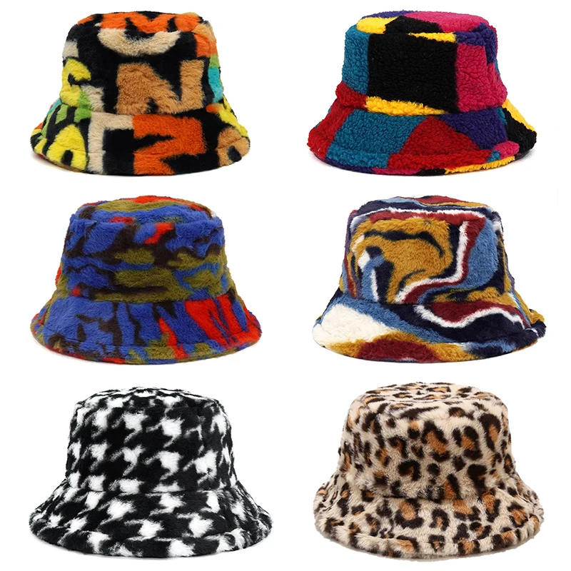 Winter Bucket-Hats Fluffy Fur Men Women Panama Hat Fashion Warm Fisherman Cap Letter Rainbow Houndstooth Leopard Printed fisherman hat bucket hats