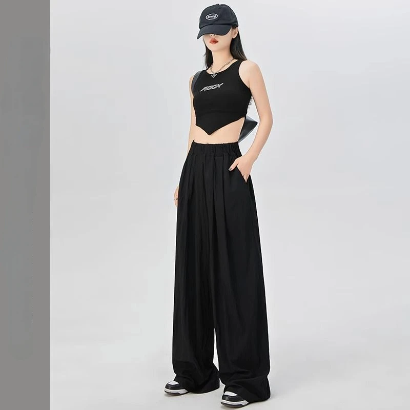 2023 Summer New Ice Silk Wide Leg Pant Korean Style Solid Women Pants Streetwear Women Wide Leg Pants Women Plus Size