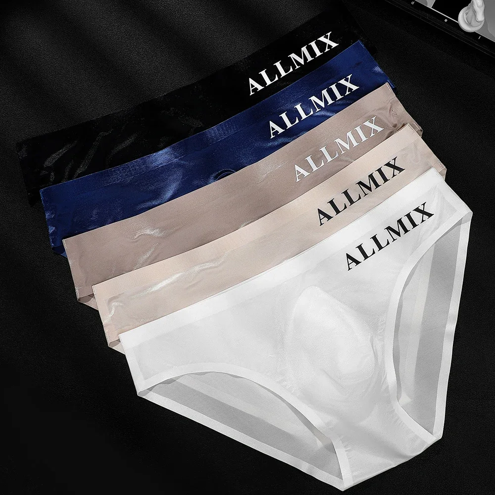 Men's Transparent Underwear Ice Silk Ball Pouch Panties Letter Seamless Ultra Thin Summer Breathable Low Waist Triangle Pants - Image 2