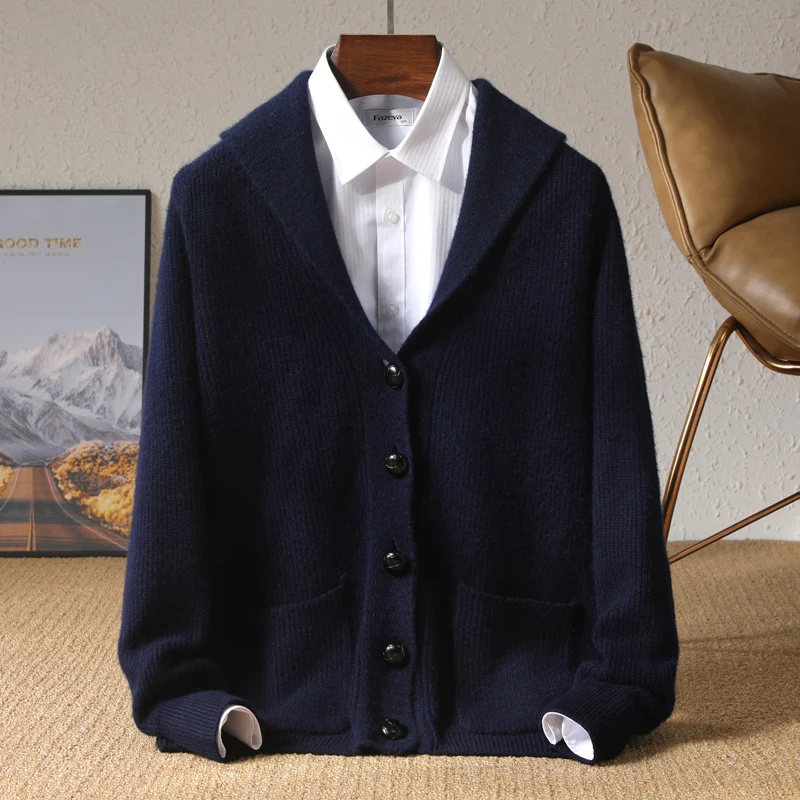 Autumn and winter new 100% pure cashmere knit cardigan men's anti-collar solid color padded sweater with business and leisure co 4