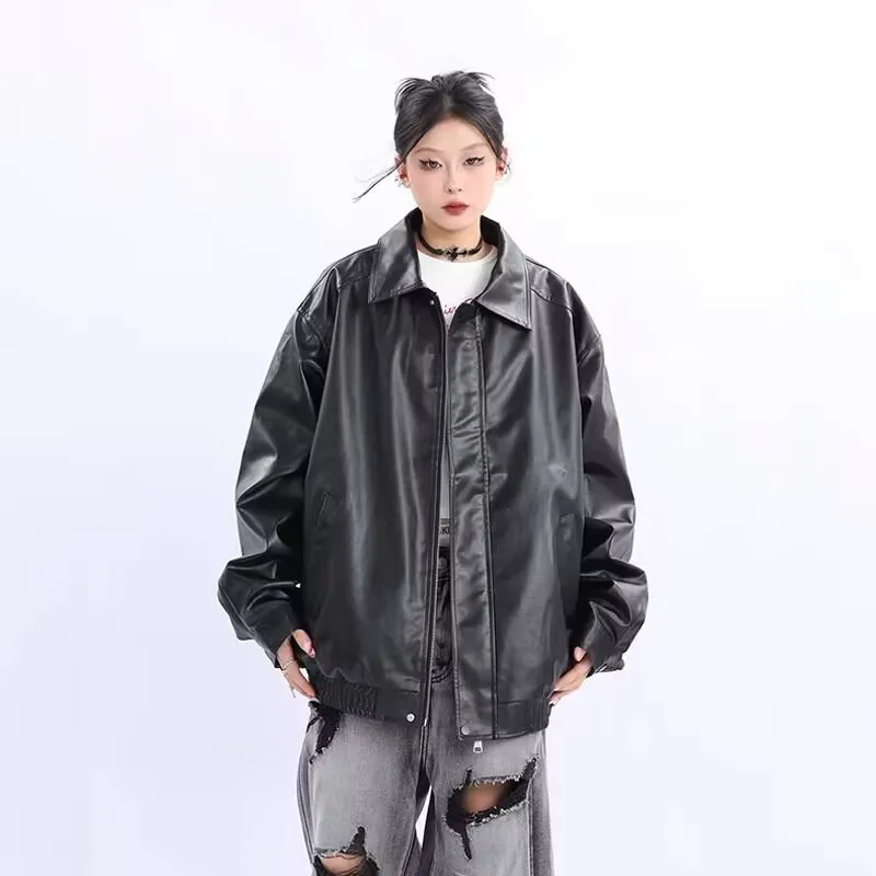 

Женская байкерская куртка оверсайз, Повседневная укороченная куртка из искусственной кожи в стиле бойфренд панк, 2024