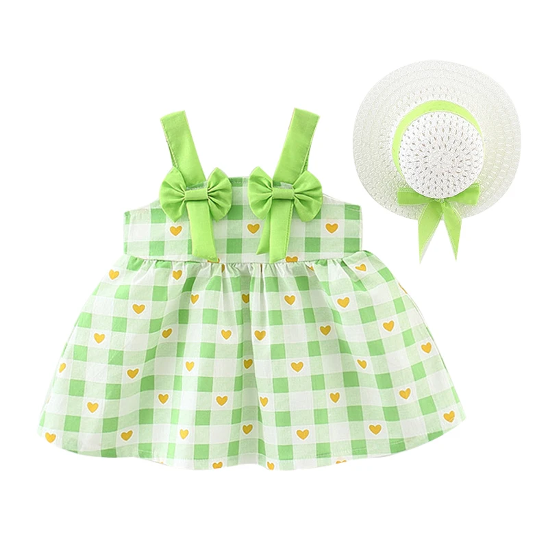 

2Piece Summer Newborn Clothes Set Toddler Girl Dresses Cute Bow Plaid Sleeveless Cotton Princess Beach Baby Dress+Sunhat BC2176