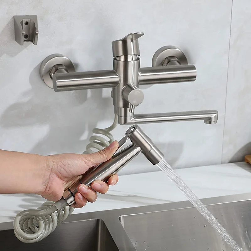 Stainless Steel Kitchen Faucet Brushed Extension Faucet 2 Functions Wall Mounted Bathtub Mixing Valve Shower Faucet Hand Spray