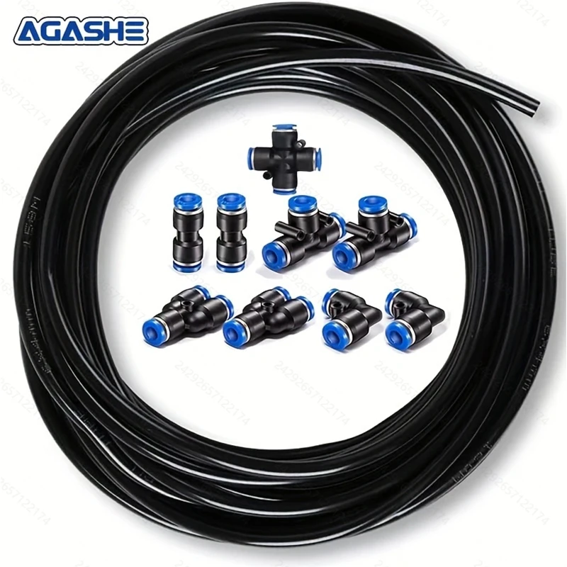 ชุดท่อสายลม AGASHE 10 ชิ้น: ท่อ PA Nylon/PU พร้อมฟิตติ้งแบบกดต่อการเชื่อมต่อ (ข้อศอก, ข้อต่อที) เหมาะกับไนลอน 4/6/8/10/12 มม 1