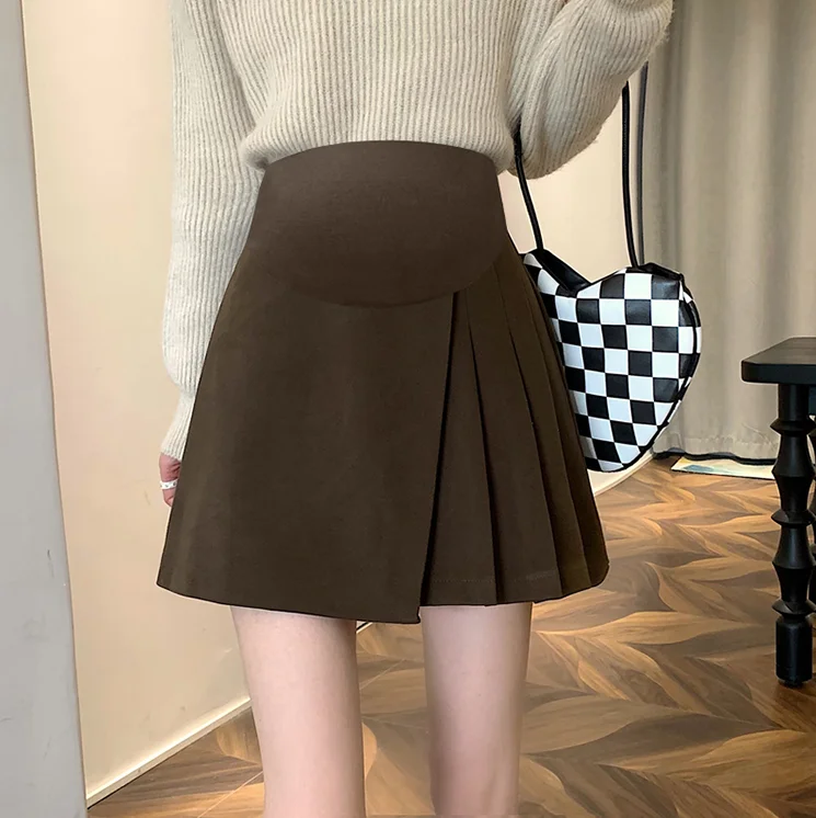 Autumn Maternity Mini Skirts Adjustable Waist Pregnant Women's Clothes Fashion Pregnancy Empired Woolen Skirts Black Coffee