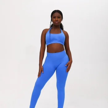 Dyfyne Women's 2-Piece Workout Set High Waist Seamless Yoga Leggings Halter Neck Sports Bra Butt Lifting Gym Outfit​ 1