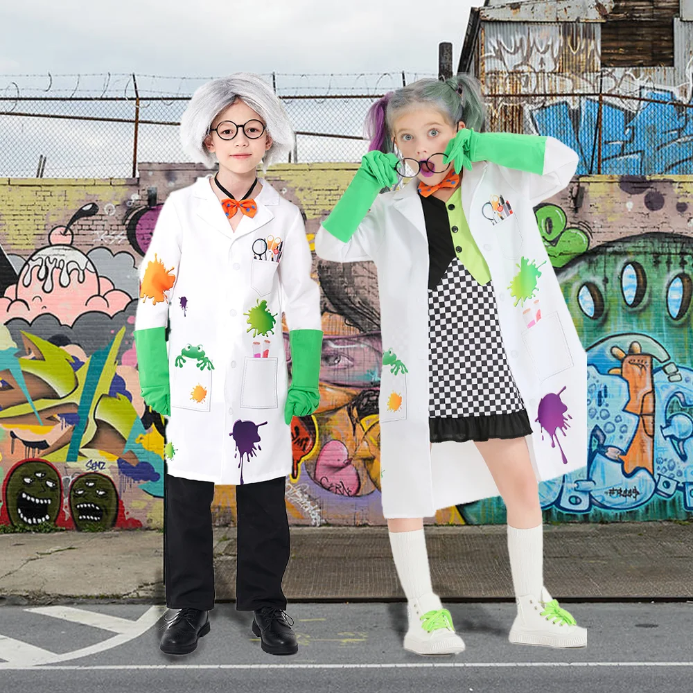 

Boys Girls Crazy Scientist Kids Cosplay Costumes Jumpsuit Suit Lab Researcher Overalls Halloween Party Cool Carnival Props