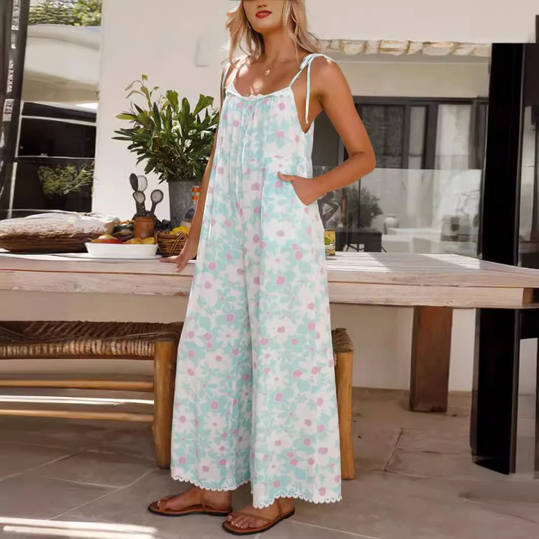 Plant&Flowers Off Shoulder Summer 2024 Women New Printing Loose Casual Contrasting Colors Comfortable Wide Legs Sling Jumpsuit