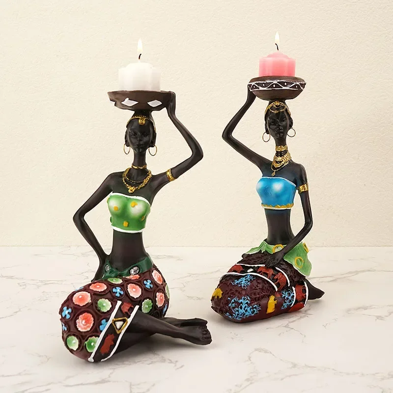 

Candle Holder African Women Decor For Table Desk Decorative Dining Room Candleholder Sculptures Resin Candlestick Vintage Statue