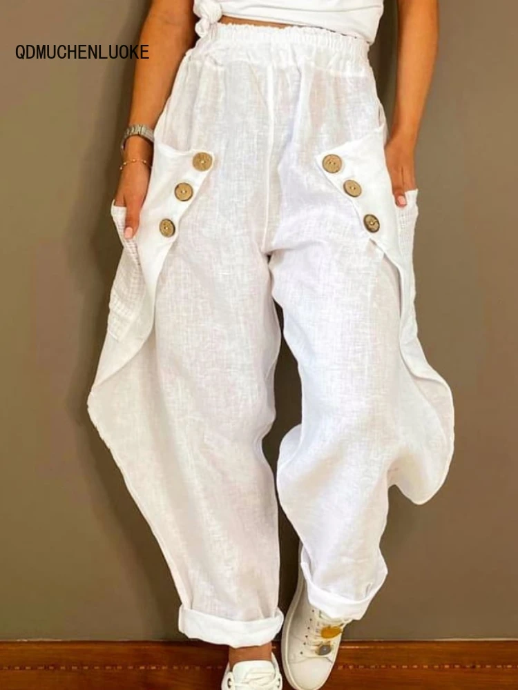

New In Spring Summer Cotton Linen Trousers Women's Pants Waist National Style Retro Pocket Harem Trousers Pants Streetwear Women