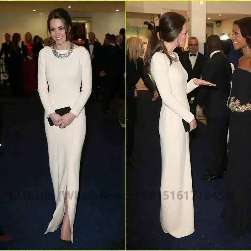 

White Celebrity Dresses Sheath Scoop Long Sleeves Slit Long Famous Formal Red Carpet Dresses