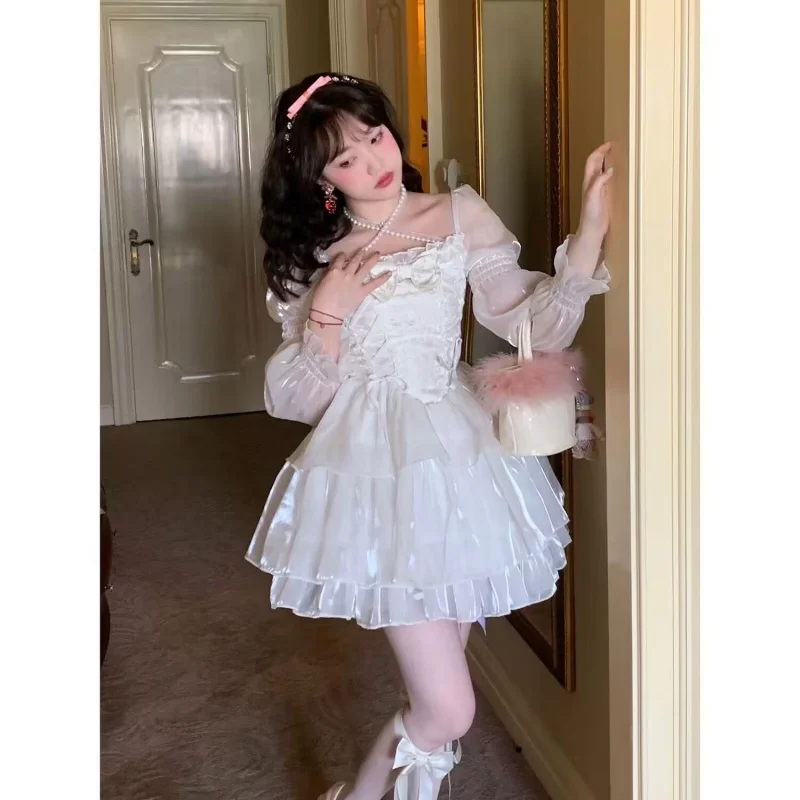 

Japanese Lolita Gentle Sweet Bow Square Collar White Mesh Dress Princess 2023 Spring And Summer New