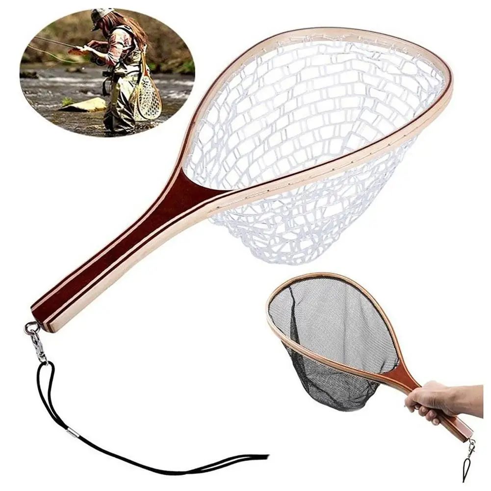 Fly Fishing Landing Nets Wooden Handle Rubber/Nylon Landing Handle