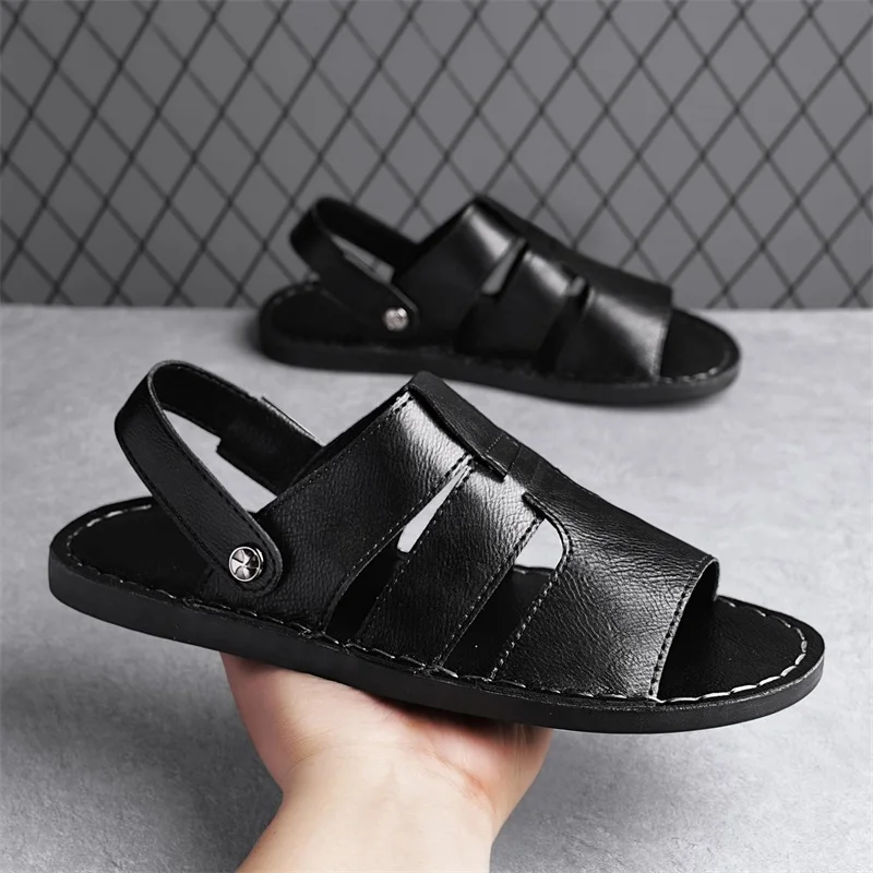 2026 New Fashion Casual Leather Men's Sandals Summer Hollow Out Slip On Sandals Classic Breathable Beach Shoes Outdoor Sandals 2