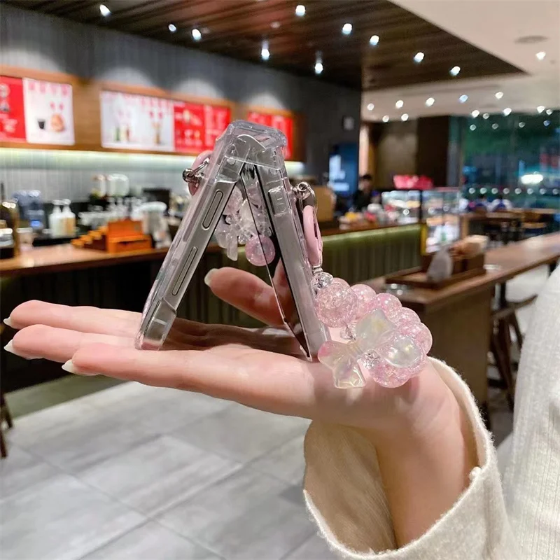 Korean Camellia Phone Case For Samsung Galaxy Z Flip 4 3 Z Flip3 Flip4 5G Cover with Chain Fashion Clear Hinge Protective Cases