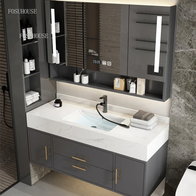Hafif lüks akıllı mermer banyo dolapları Modern banyo mobilyaları  Minimalist banyo el lavabo dolapları kombinasyonu - AliExpress