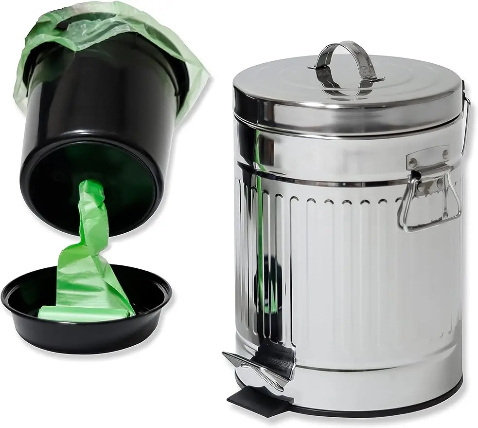 

Dog Outdoor Waste Can 11" Tall Galvanized Steel Bin with Step On Lid Lift and Plastic Inner Lining and Custom Liner BagsBackyard