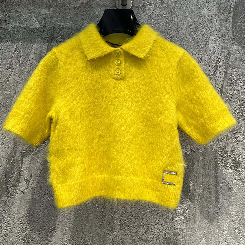 

Fashion Yellow Wool Mohair Blend Short Sleeve Sweater Runway Designer Polo Collar Knit Pullover Autumn Women Elegant Casual Tops