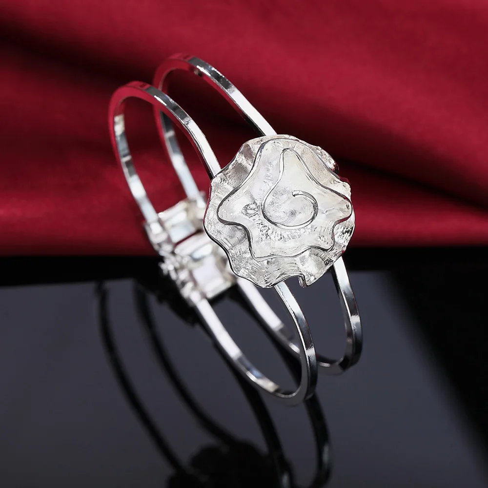 

Charms fine rose flower bangles 925 Sterling Silver cuff Bracelets for Women Fashion Wedding Party Holiday gifts Jewelry