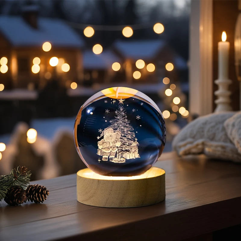 USB 3D Crystal Ball Night Light Engraved Santa Claus Snowman Globe LED Glass Sphere Wooden Base Birthday Gift Home Decorations