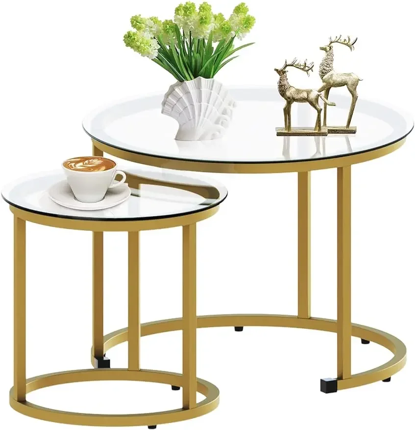 

Gold Nesting Coffee Table Set of 2, Small Glass Nesting Tables for Living Room Bedroom, Accent Tea Table with Metal Frame