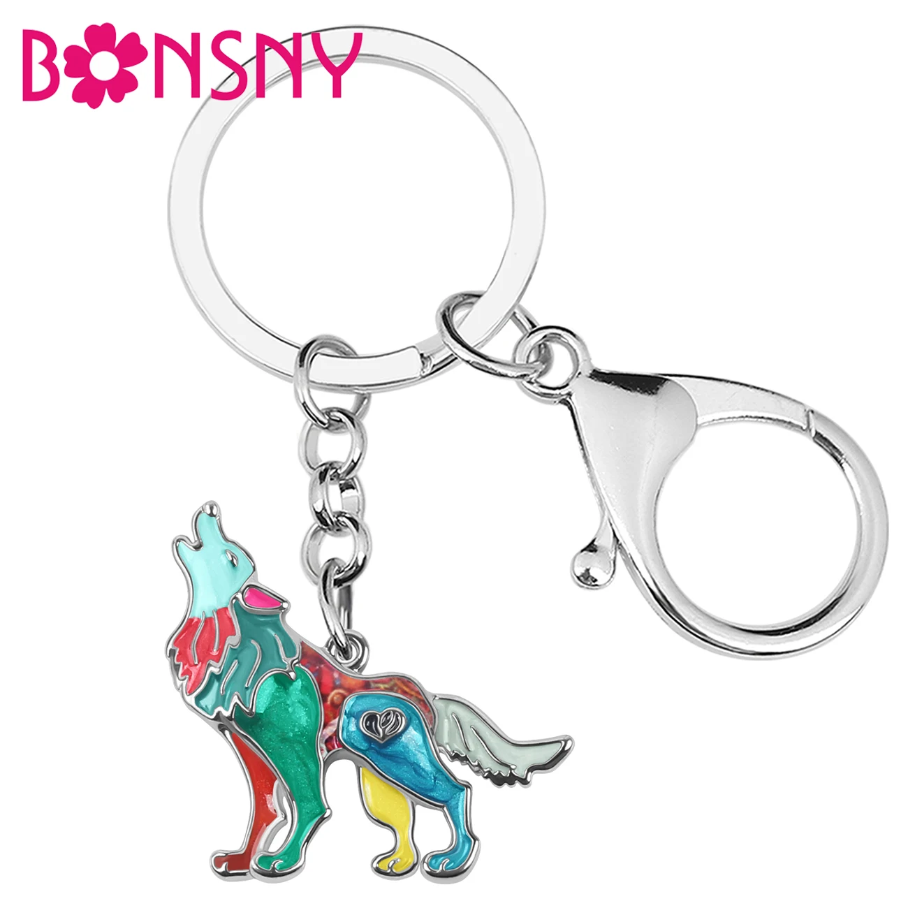 BONSNY Enamel Alloy Mental Wild Roaring Wolf Keychains Key Chain Ring Fashion Animals Jewelry For Women Teen Girls Charms Gifts | Украшения