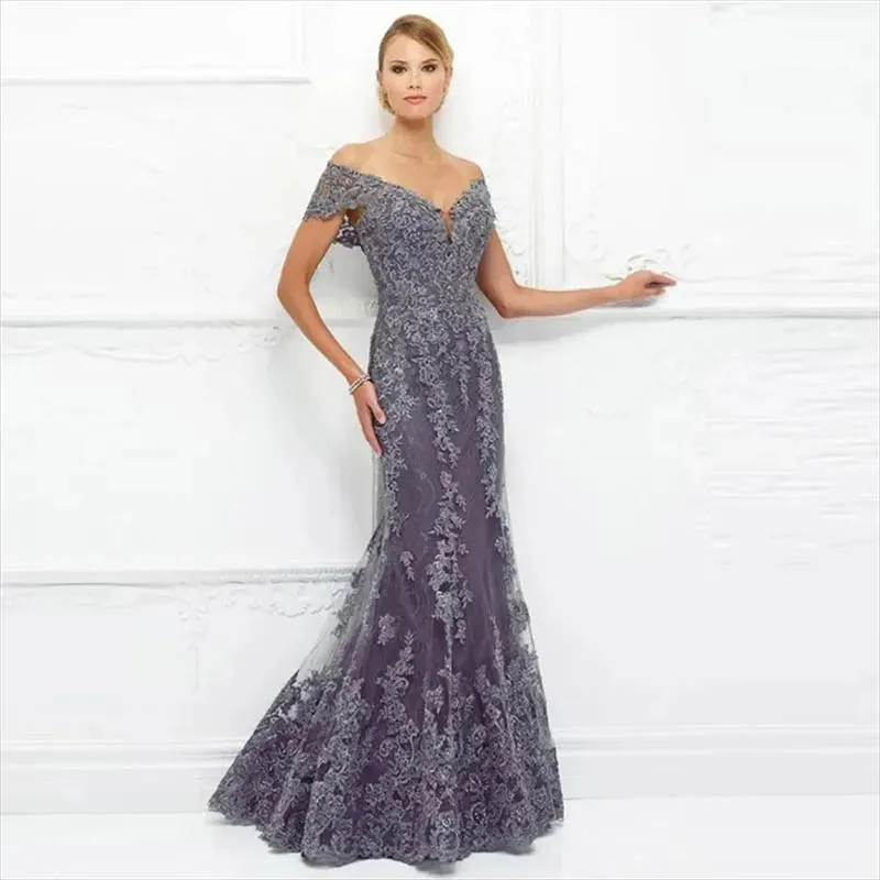 

New Arrival Elegant Lavender Lace Mermaid Plunge Neck Off Shoulder Sleeve Mother of the Bride Dresses Wedding Guest Gowns