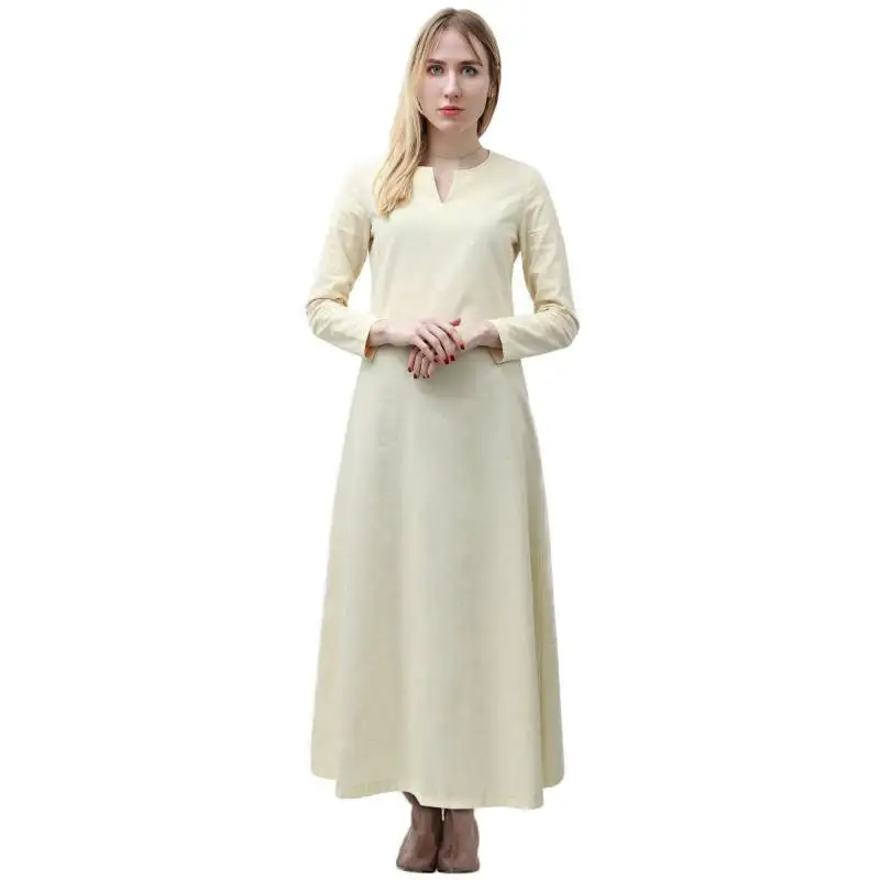 High Quality Medieval Linen Viking Base Dress Solid Beige Halloween Woman Medieval Village Female High Quality Medieval Linen Viking Base Dress Solid Beige Halloween Woman Medieval Village Female