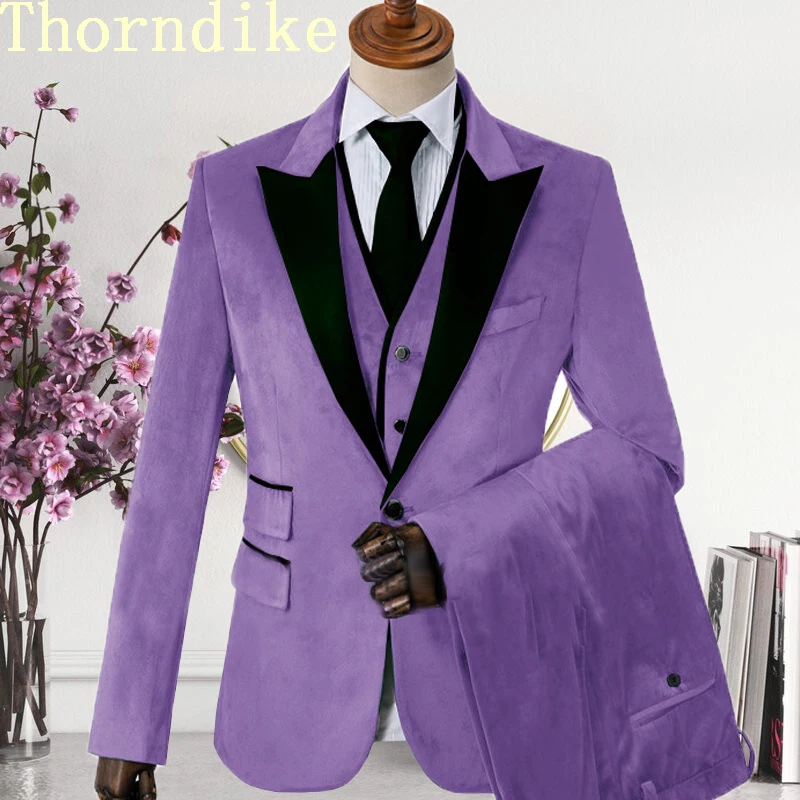 One Button Slim Fit Men Suits Light Purple Velvet Prom Stage Wedding Tuxedos Fall 3 Piece Male Set Suit Jacket Vest Pant
