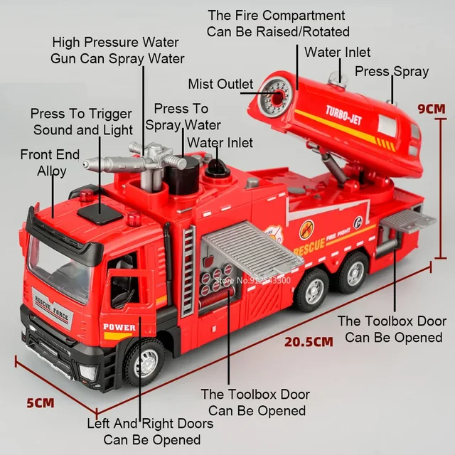 1:32 Scale Water Spray Fog Fire Truck Model Toy Car Sound Light Pull Back Doors Opened Vehicle Models Collection Children Gifts 2