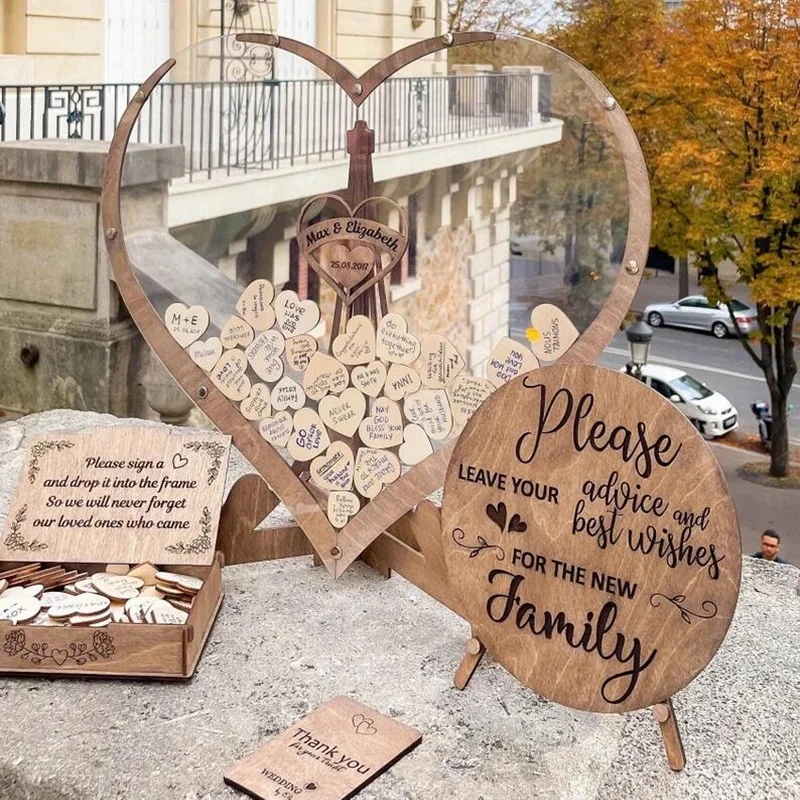 Wooden Sweet Heart-shaped Wedding Guest Book 3D Engraved Transparent Guest Drop Box Welcome Card Decorations