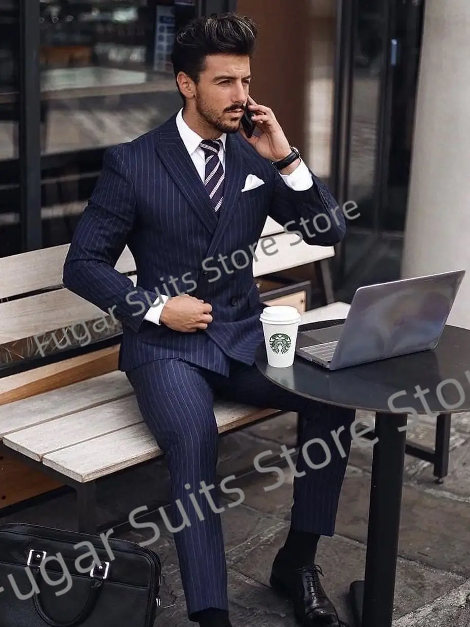 

Custom Double Breasted Business Navy Blue Stripe Wedding Men Suits Slim Fit Peak Lapel Groom Tuxedos2Pieces Sets Trajes DeHombre
