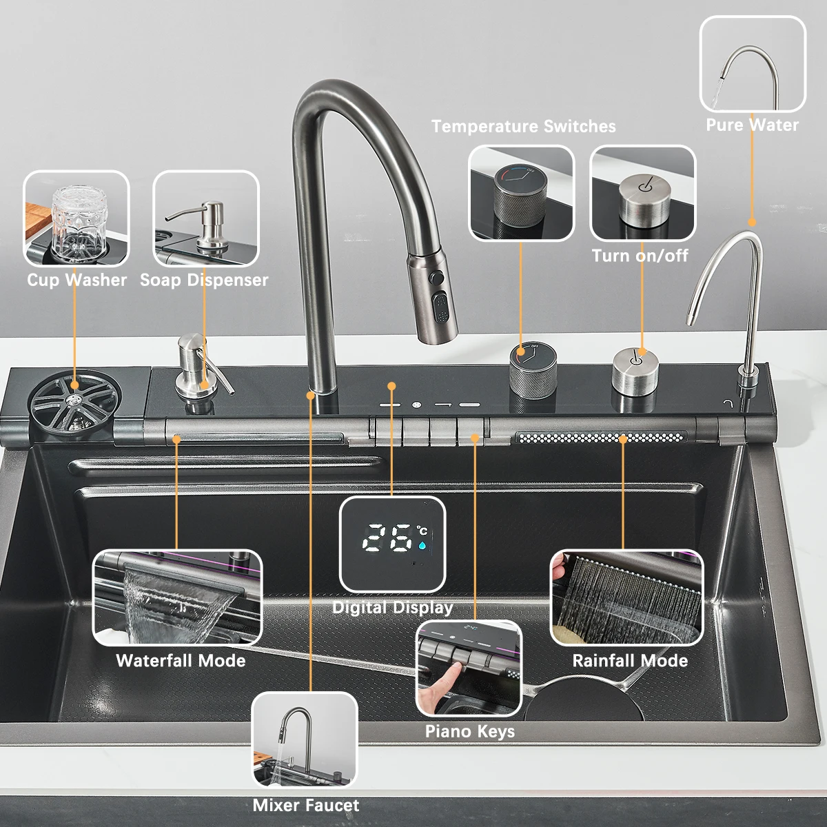 Stainless Steel Kitchen Waterfall Sink Digital Display Large Single Sink Dish Basin Sink Purification water Cup Washer Crane 3