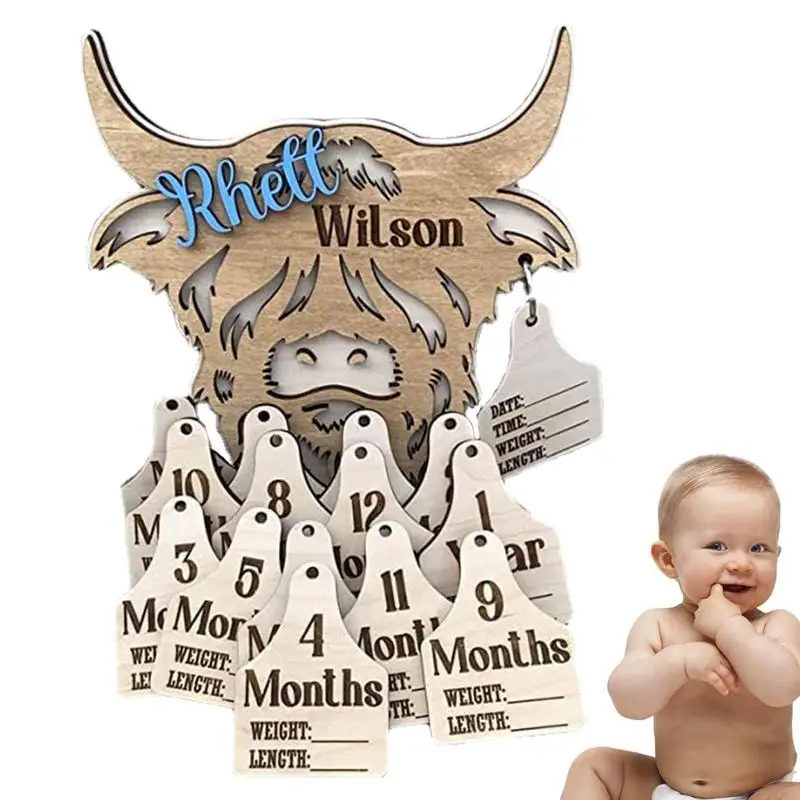 Highland Cow Milestone Markers Wooden Cow Label Monthly Infant Milestone 15 Pcs Milestone Cards New To The Herd Cow Babies