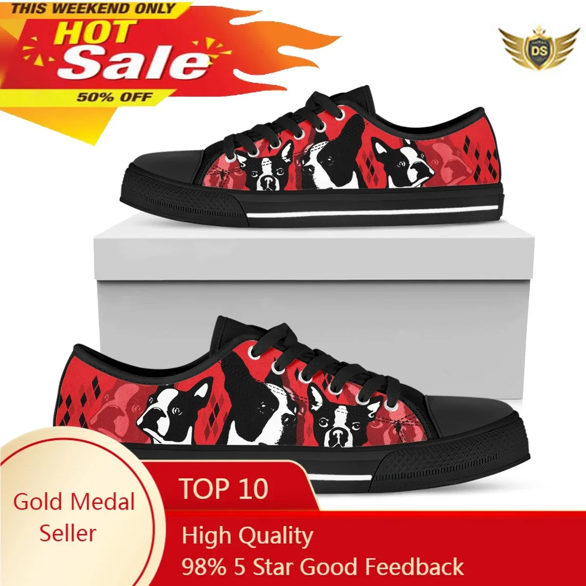Red Boston Terrier Print Shoes Women's Autumn Sport Casual Shoes Lace-up Flats Plus Size 45 Comfort Vulcanized Shoes
