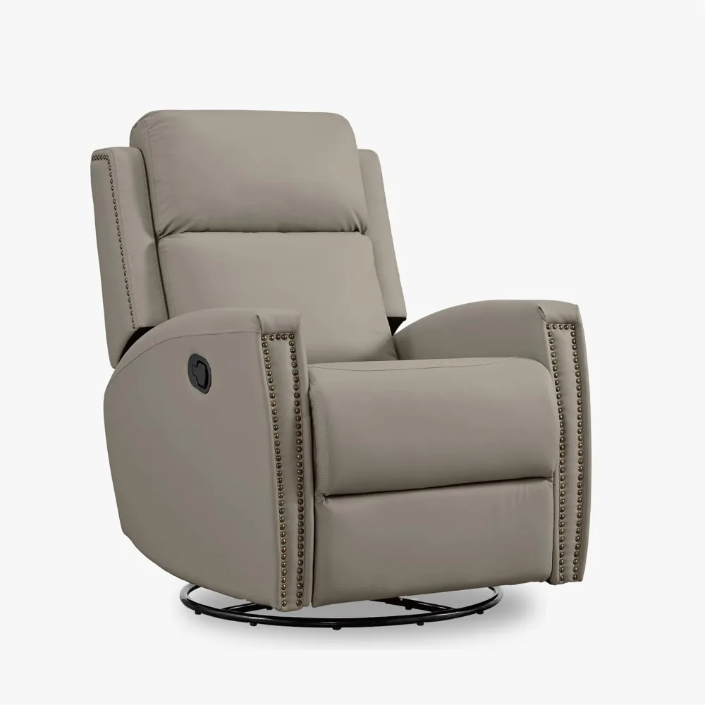 Leather Recliner Chair Swivel Rocker Manual Single Sofa with Rivet Decoration for Living Room Bedroom Home Theater Seating, Gray