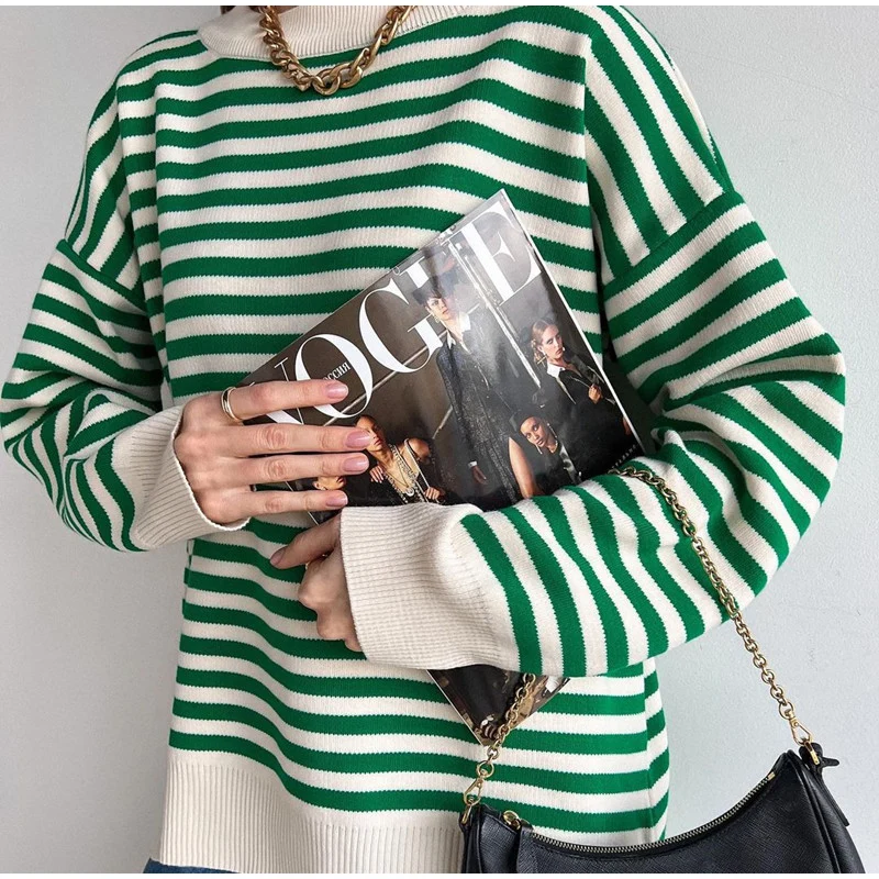 O Neck Vintage Striped Sweater Pullovers For Women Casual Loose Long Sleeves Jumpers Autumn Female Drop Shoulder Kintting Tops sweater for women