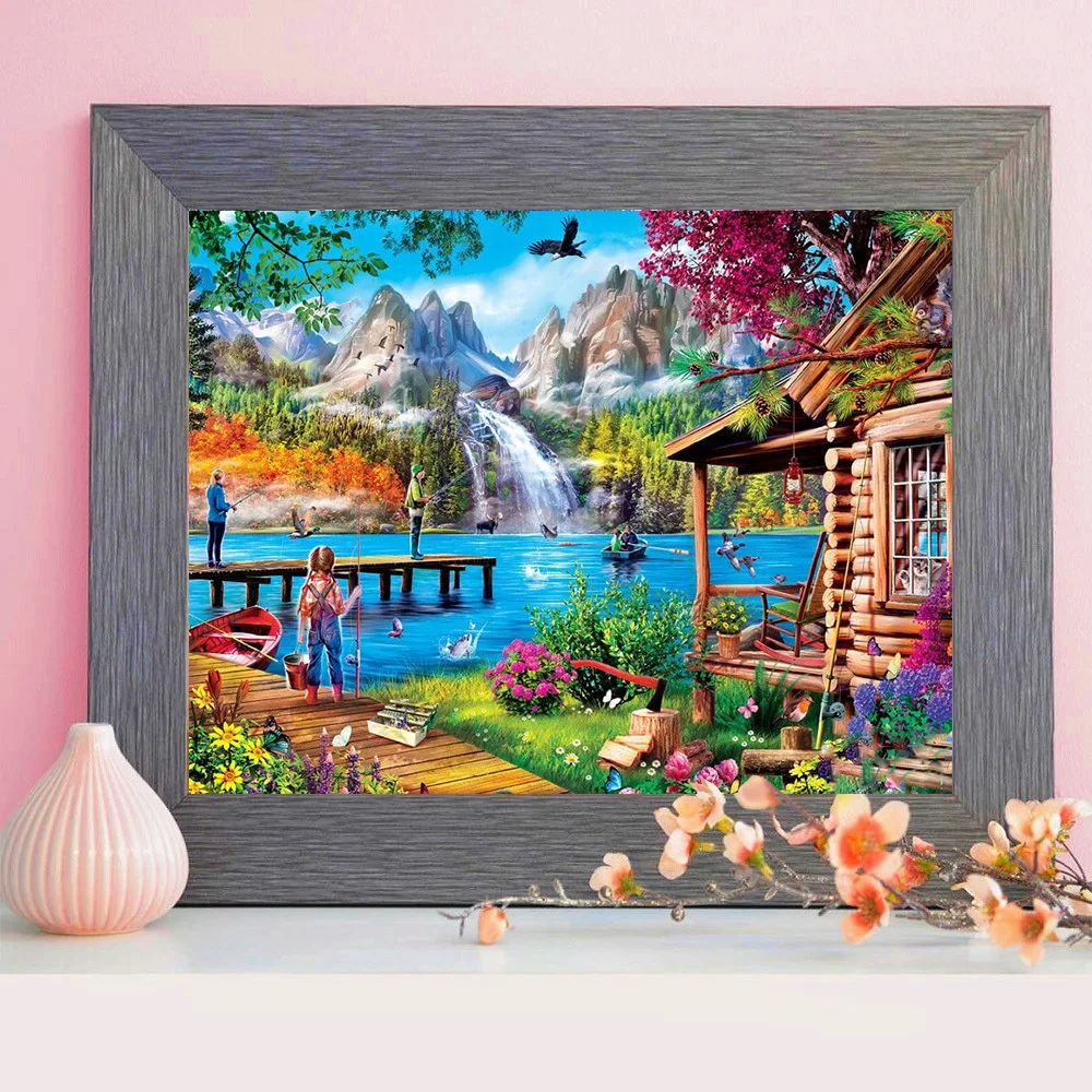 Diamond Painting Huacan 5D Diamond Painting House River Mountain Full Square Round Mosaic Landscape Embroidery Kit Home Decoration