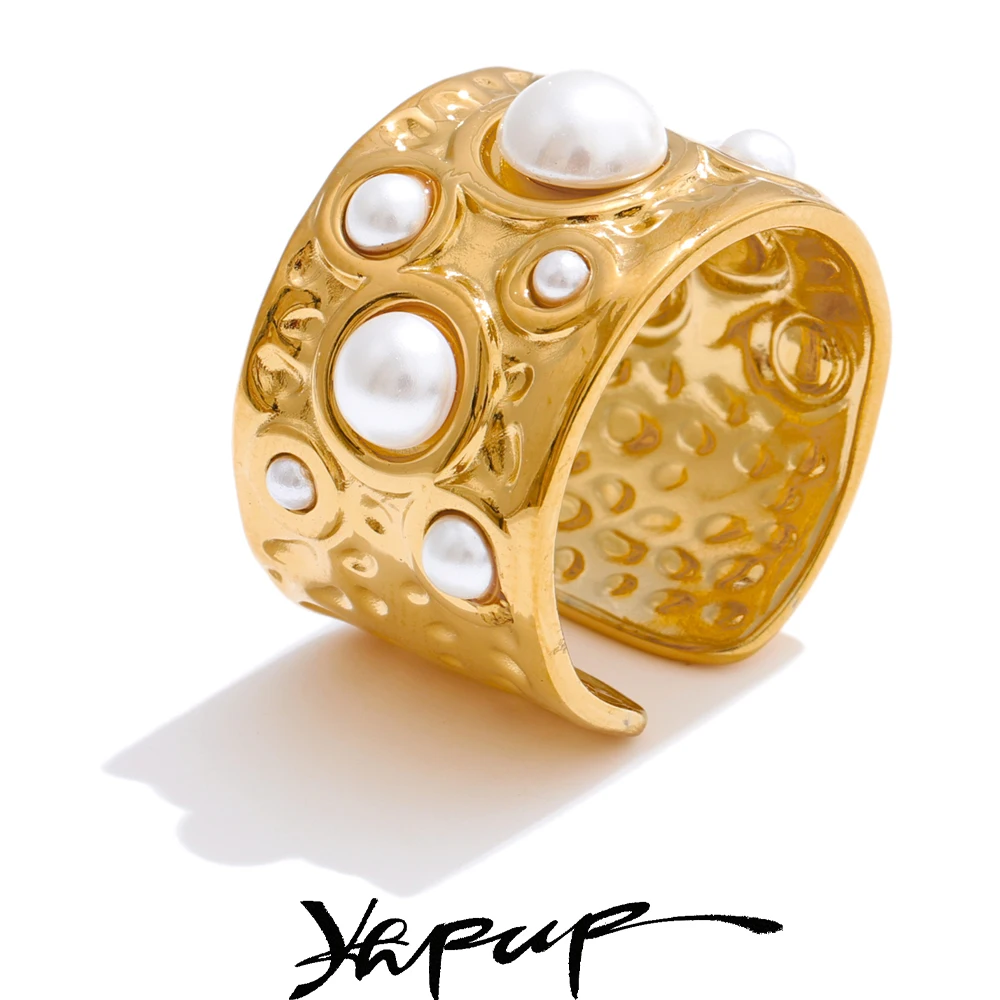 Yhpup Jewelry Ring Simulated Pearls Stainless Steel