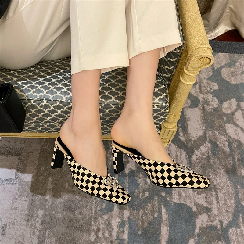 Chessboard Heart Shaped Rhinestone Women's Slippers Summer Thick High Heels Shoes Plaid Square Toe Slip On Slides Dress Shoes