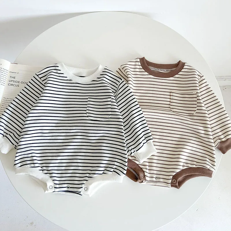 

Детский хлопковый комбинезон в полоску, с длинным рукавом